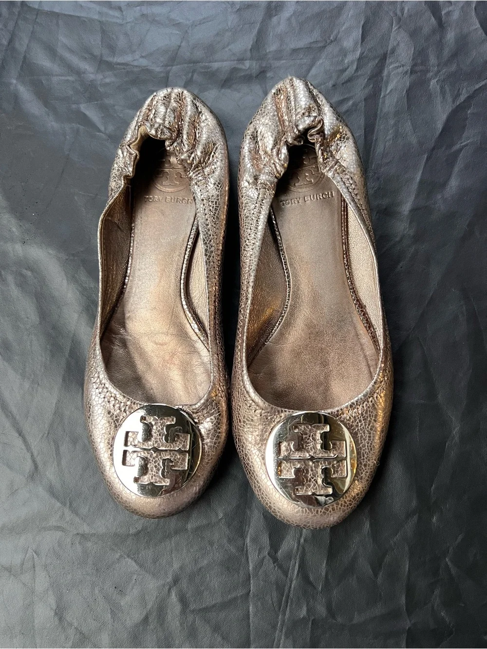 Tory Burch Reva Metallic Leather Ballet Flats Logo Stretch Back 6 6.5 Balletcore